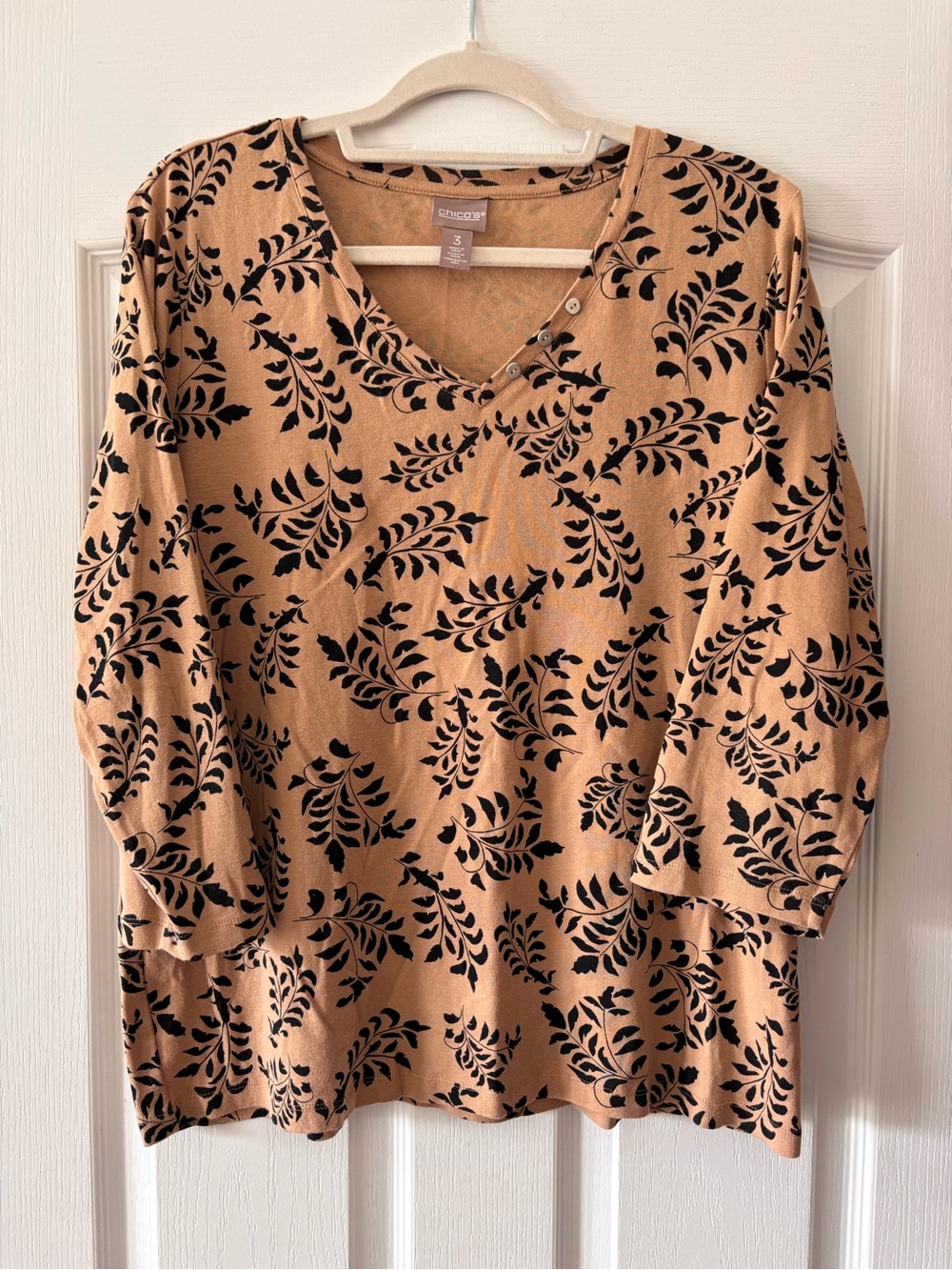 Chico's Tan Top with Black Leaf-Print V-Neck